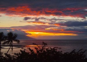 Looking out to sea at sunset from a tropical beach